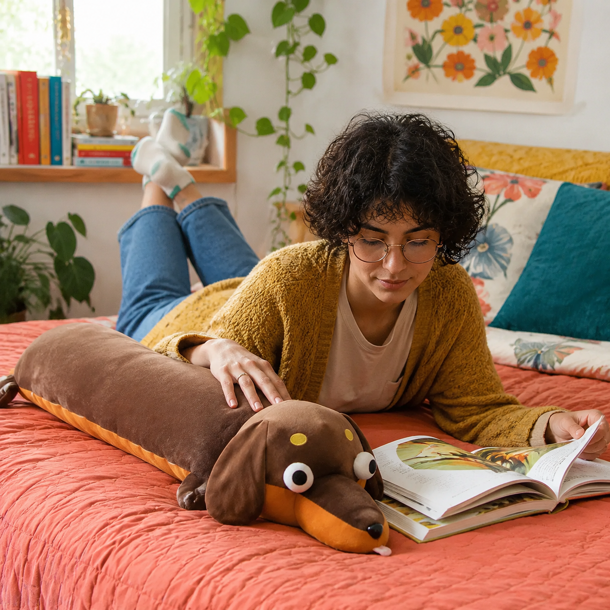 Woman reading beside a cocoa brown Daydream Dachshund long body pillow in a colorful bedroom.