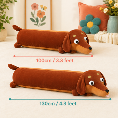 Daydream Dachshund long body pillow size comparison showing 100cm and 130cm lengths.