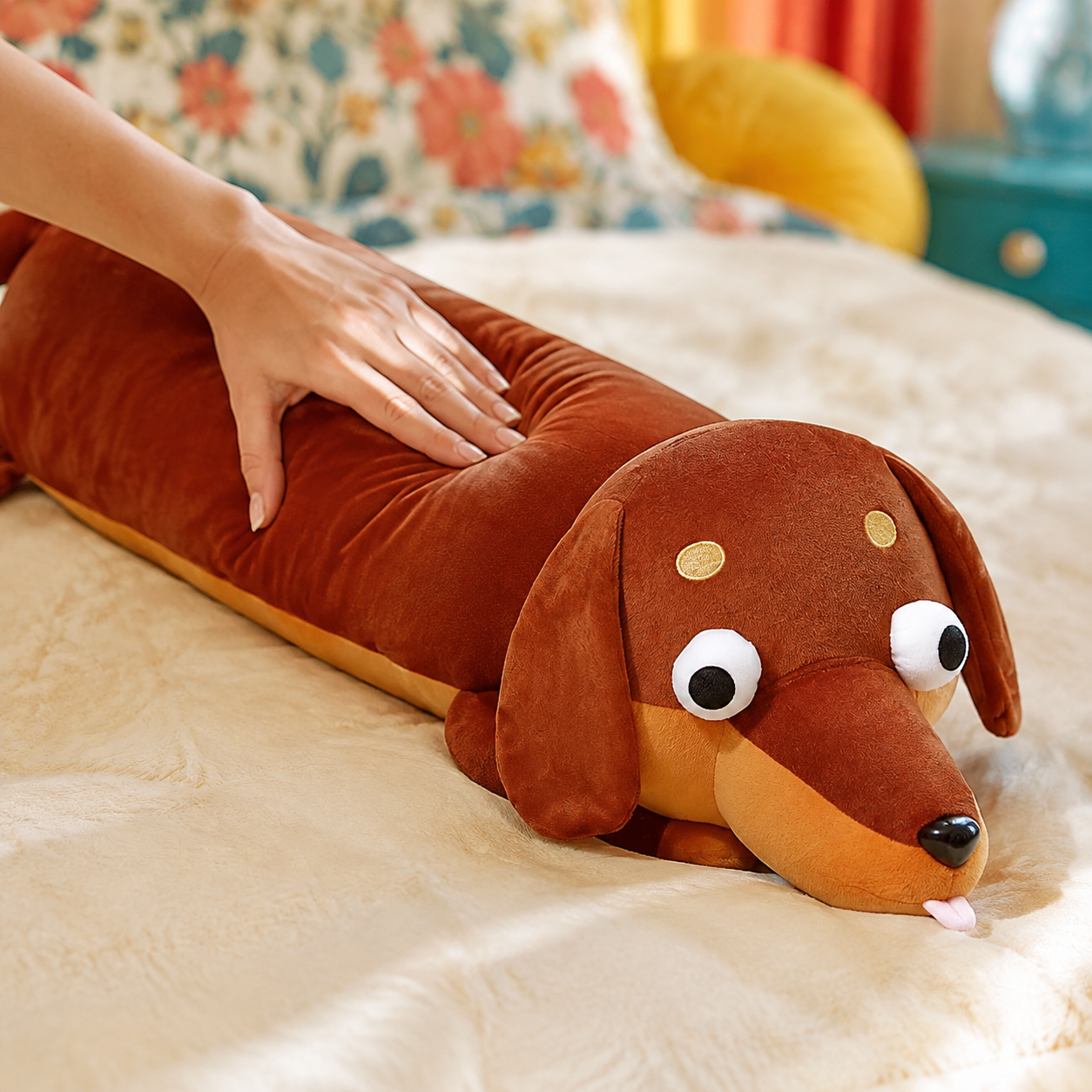 Close-up of a hand pressing the soft cinnamon brown Daydream Dachshund body pillow.