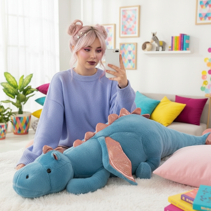 Woman taking a selfie with a large blue dragon plush toy in a colorful living room.