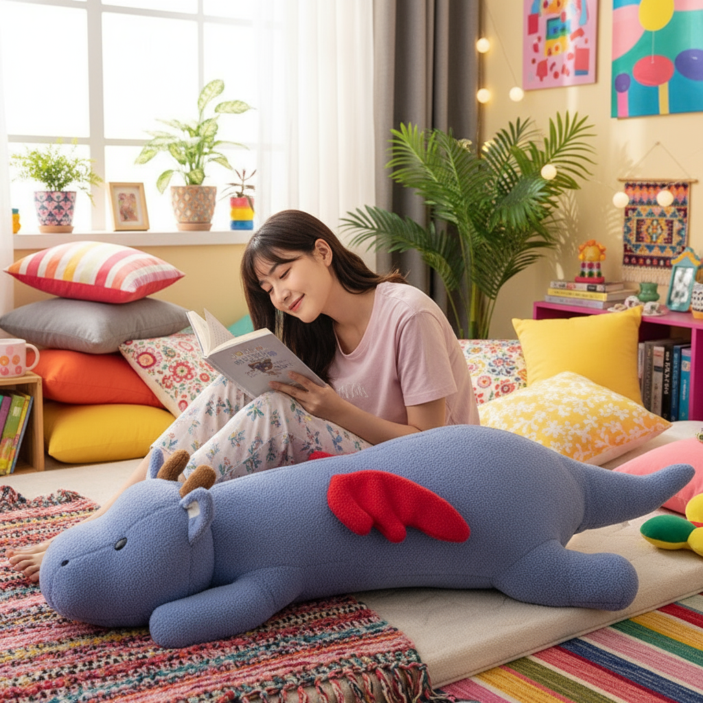 Woman reading a book on a colorful couch with a large blue dragon plush toy.