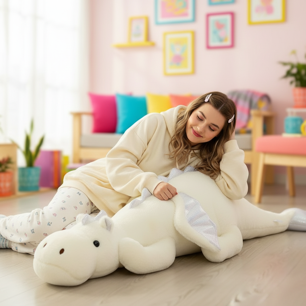 Woman in a cozy room with a large plush dragon toy