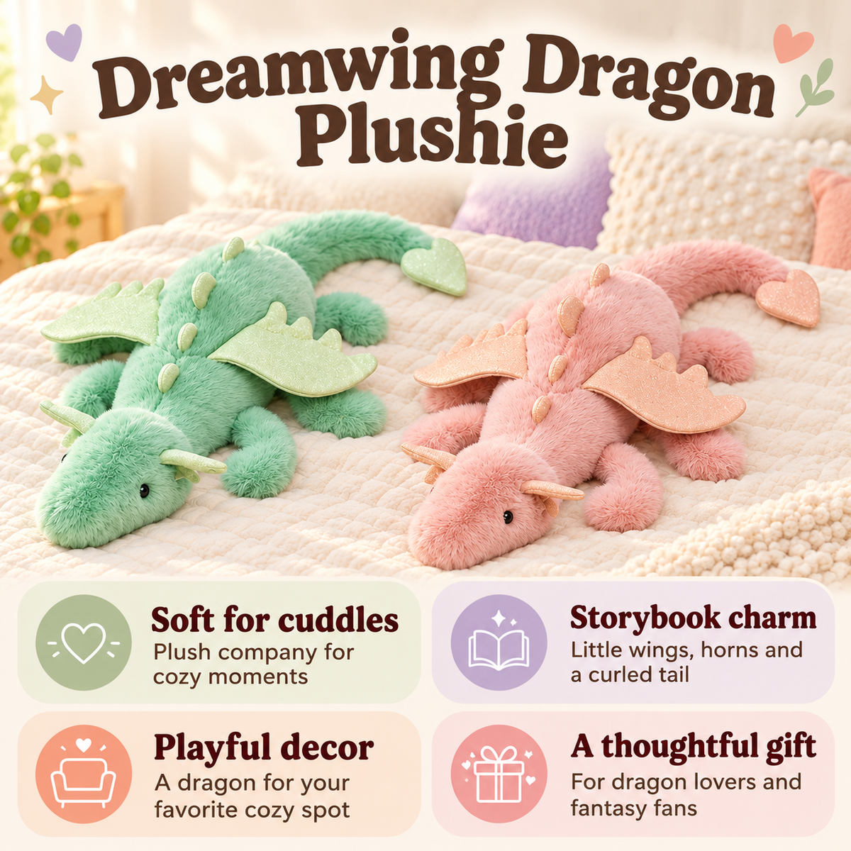 Dreamwing dragon plushies with benefits for cuddles, fantasy-inspired decor, cozy company and gifting.
