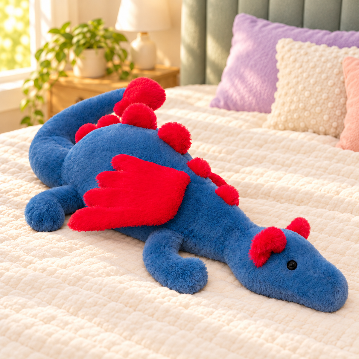 Blue and Red Dreamwing dragon plushie with a blue body, red wings and red back spikes.