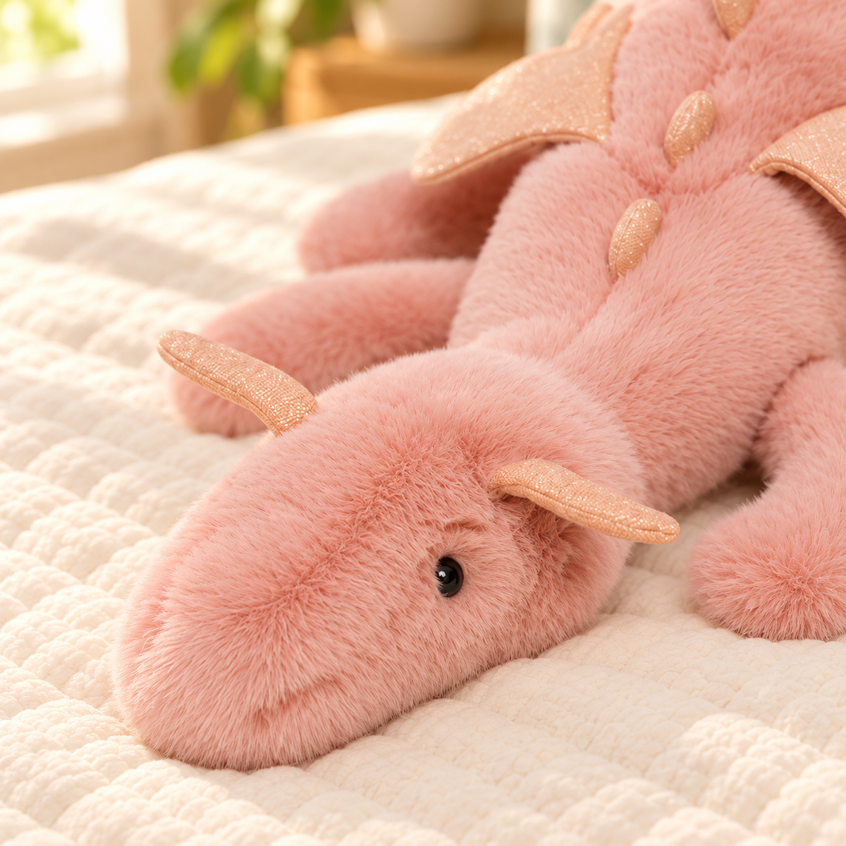 Close-up of the Blush Pink Dreamwing dragon’s small dark eyes, soft snout and little horns.