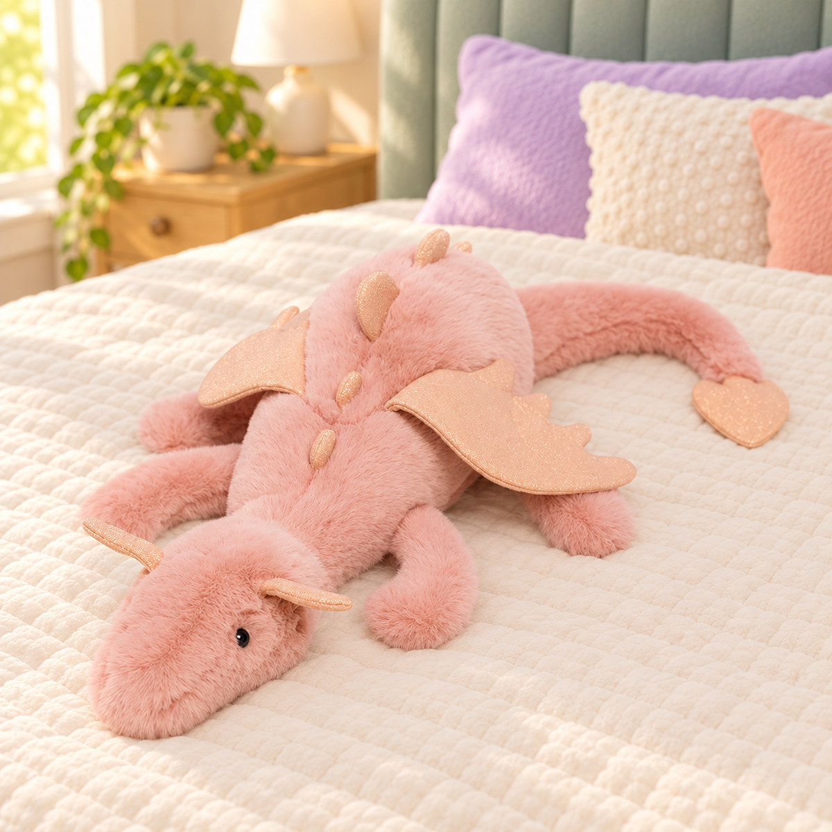 Blush Pink Dreamwing dragon plushie with peach-toned wings, small horns and a curled tail.