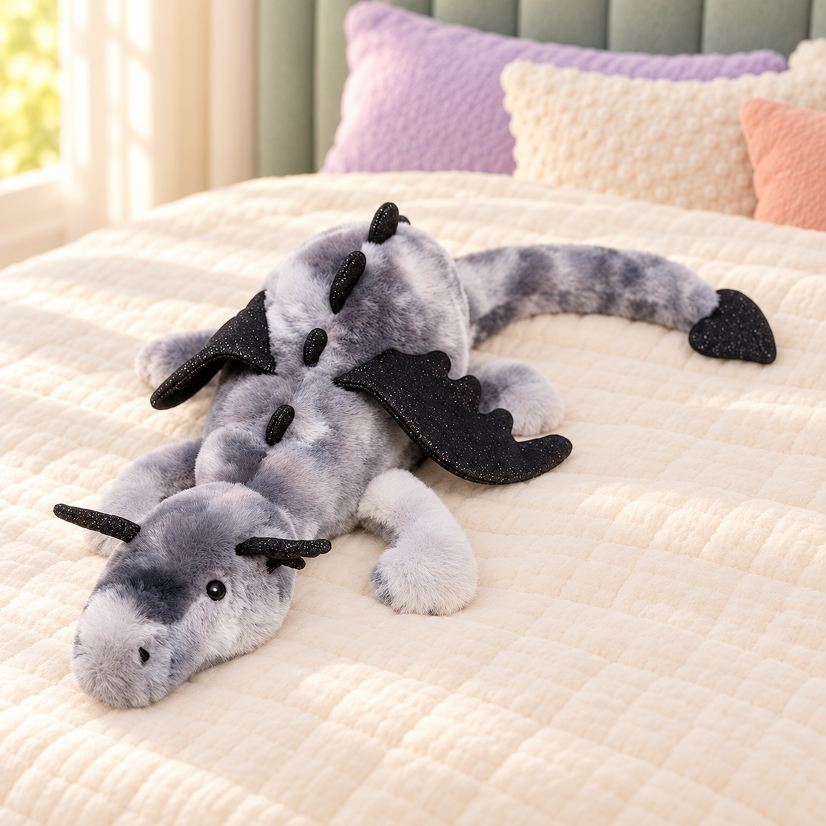 Gray and Black Dreamwing dragon plushie with gray plush fabric, black wings and black back spikes.