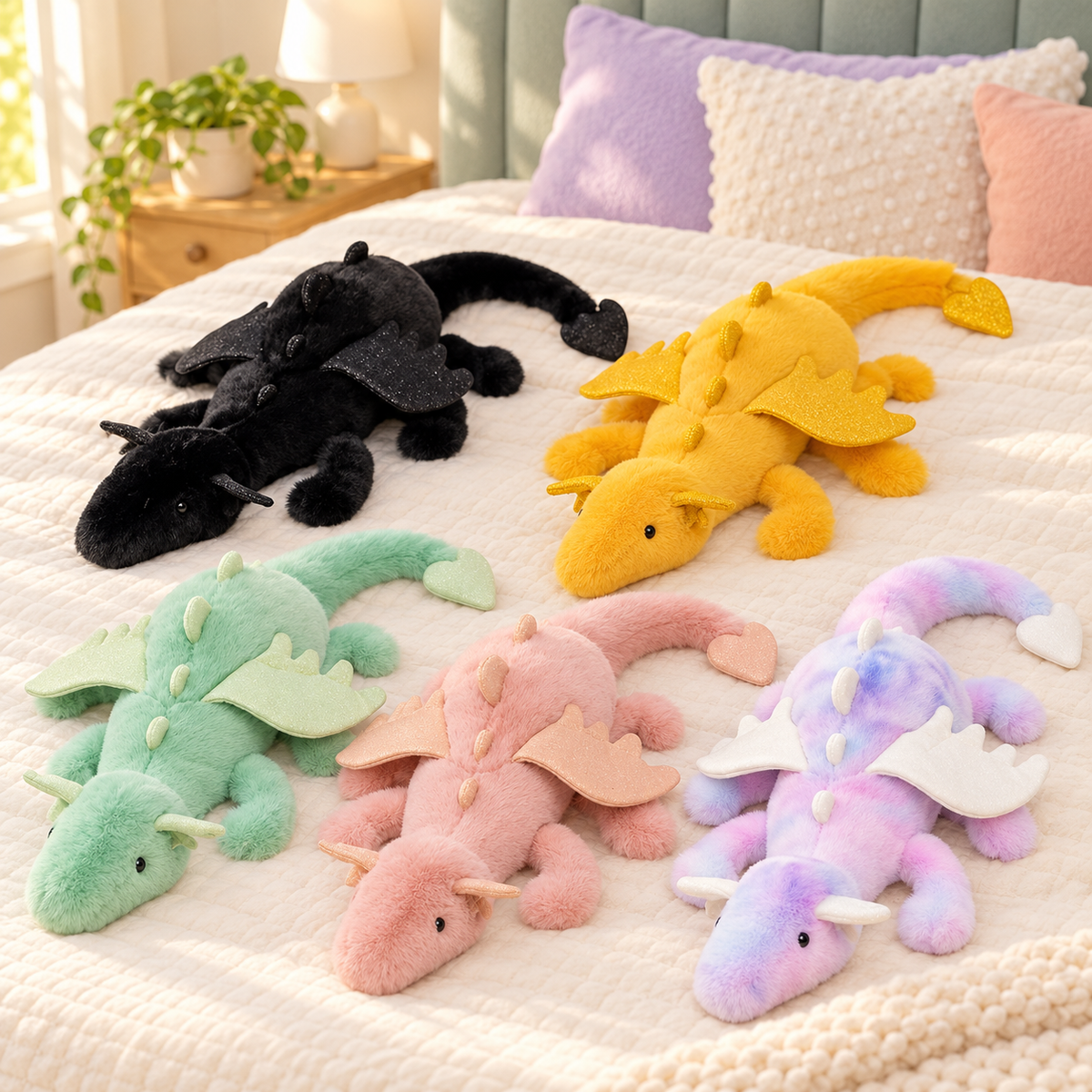 Mint Green, Blush Pink, Lavender Tie-Dye, Golden Yellow and Black Dreamwing dragon plushies together on cream bedding.