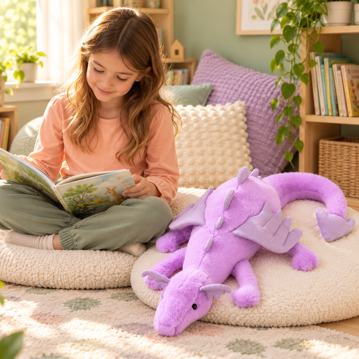 A child enjoying storytime with the Lavender Dreamwing dragon plushie in a cozy reading corner.