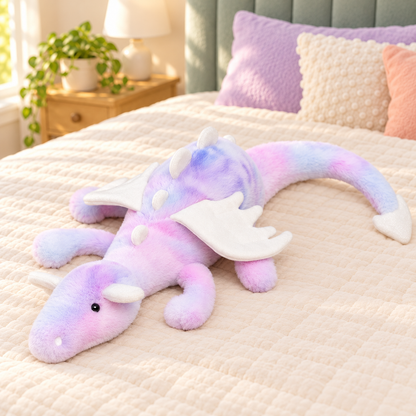 Lavender Tie-Dye Dreamwing dragon plushie with pastel pink and purple fur, white wings and a white tail tip.