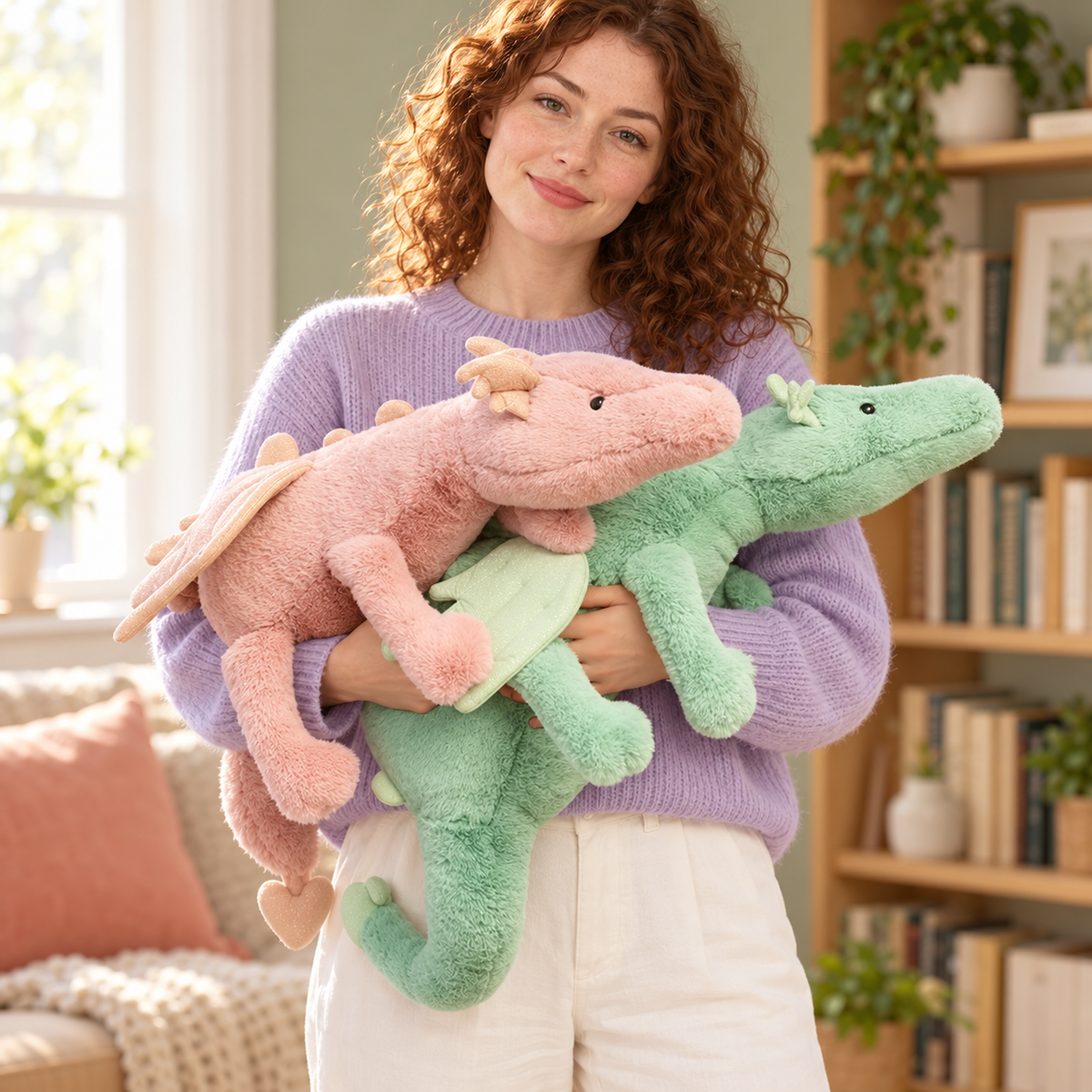 A woman holding the Mint Green and Blush Pink Dreamwing dragon plushies in a bright cozy room.