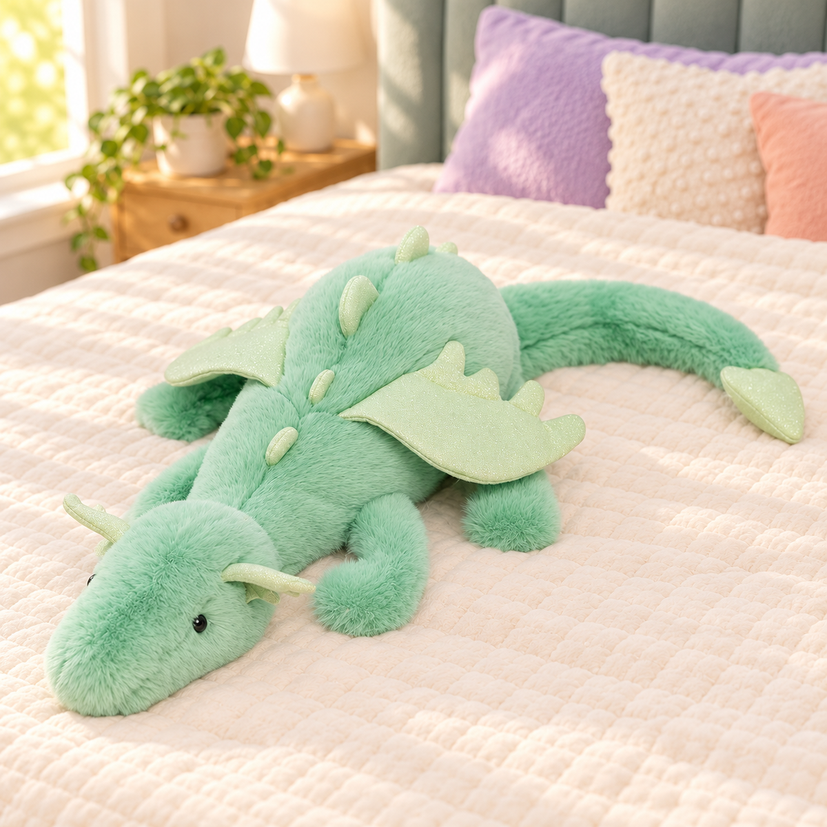 Mint Green Dreamwing dragon plushie with pale green wings, small horns and a curved tail.