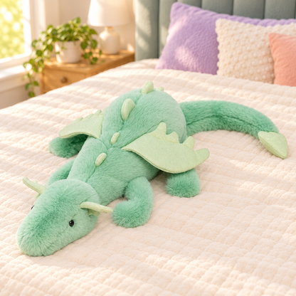 Mint Green Dreamwing dragon plushie with pale green wings, small horns and a curved tail.