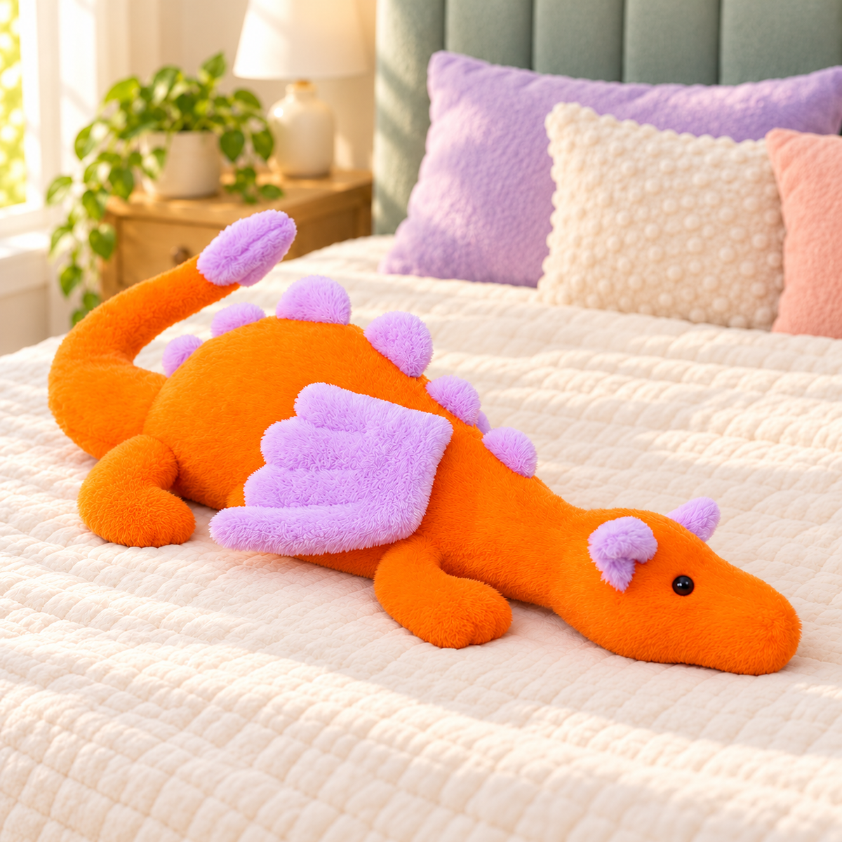 Orange and Lilac Dreamwing dragon plushie with a bright orange body and lilac wings and spikes.