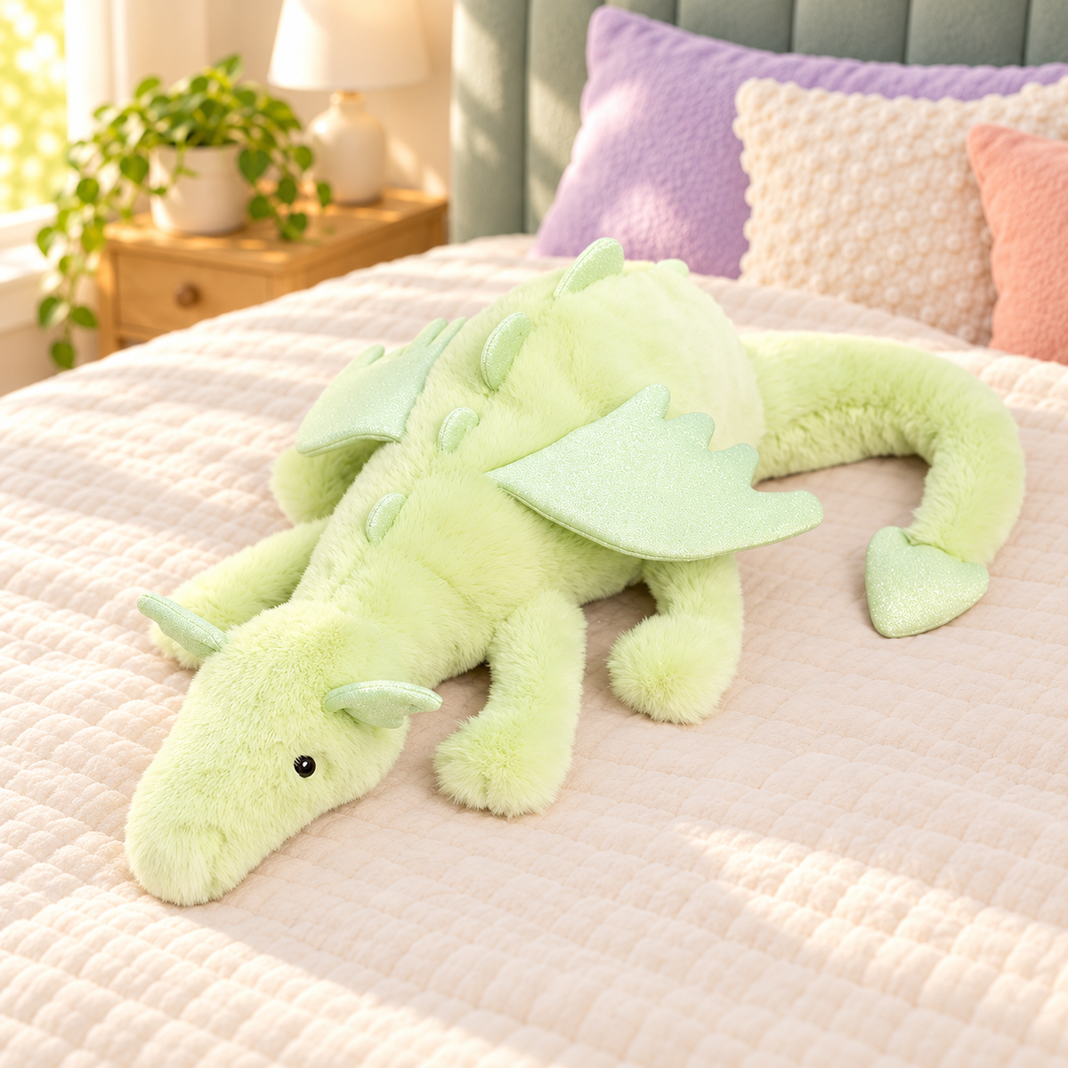 Pastel Lime Dreamwing dragon plushie with light green wings and four soft floppy legs.