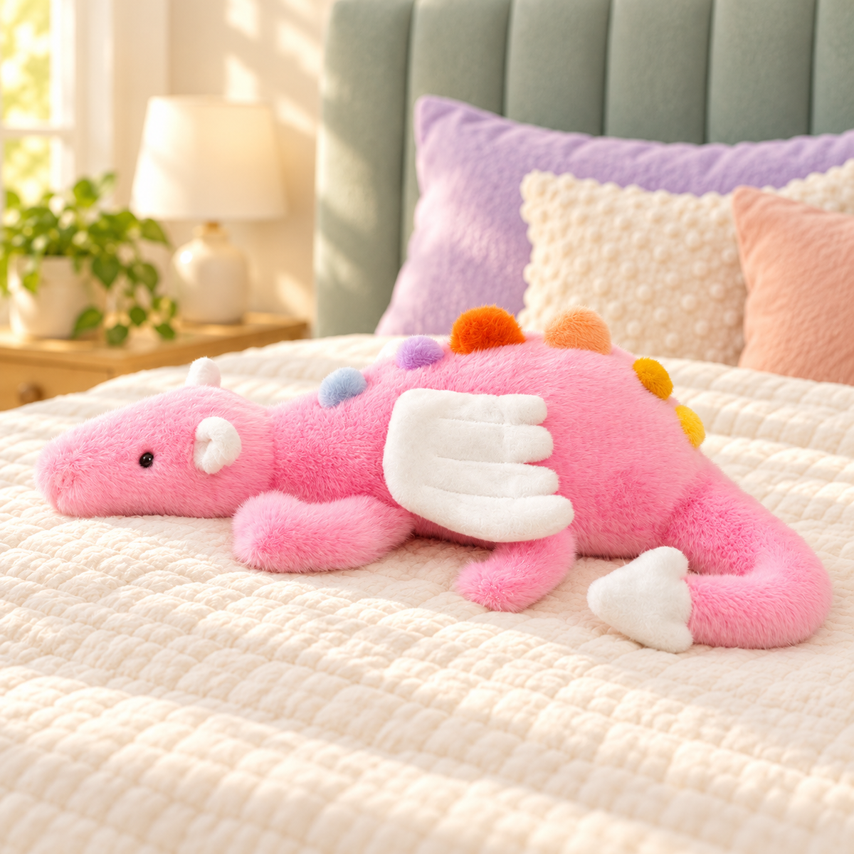 Pink Rainbow Dreamwing dragon plushie with a pink body, white wings and colorful back spikes.