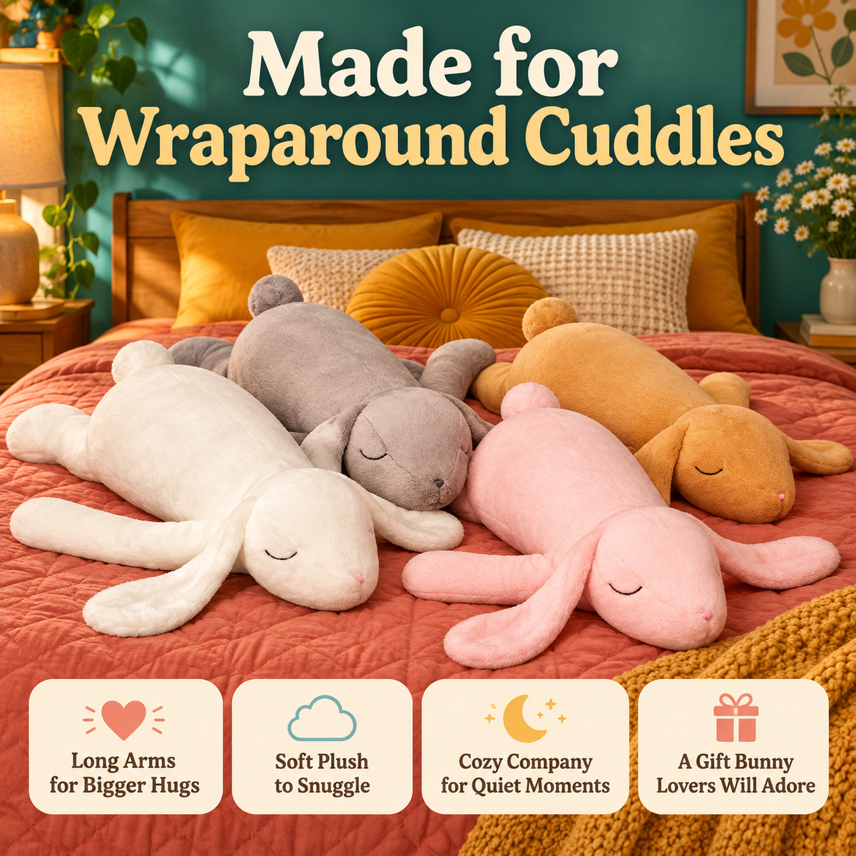 Floppy Hugs bunny benefits banner highlighting wraparound cuddles, soft plush, cozy lounging, and thoughtful gifting.