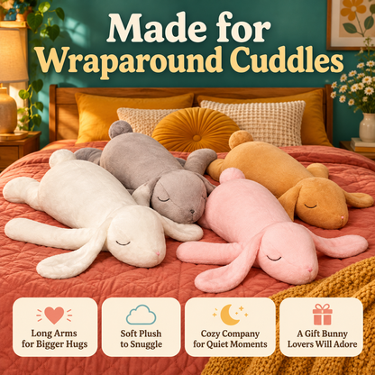 Floppy Hugs bunny benefits banner highlighting wraparound cuddles, soft plush, cozy lounging, and thoughtful gifting.