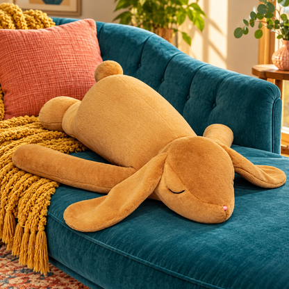 Brown rabbit plush body pillow showing its warm fur color, long ears, rounded body, and small feet.