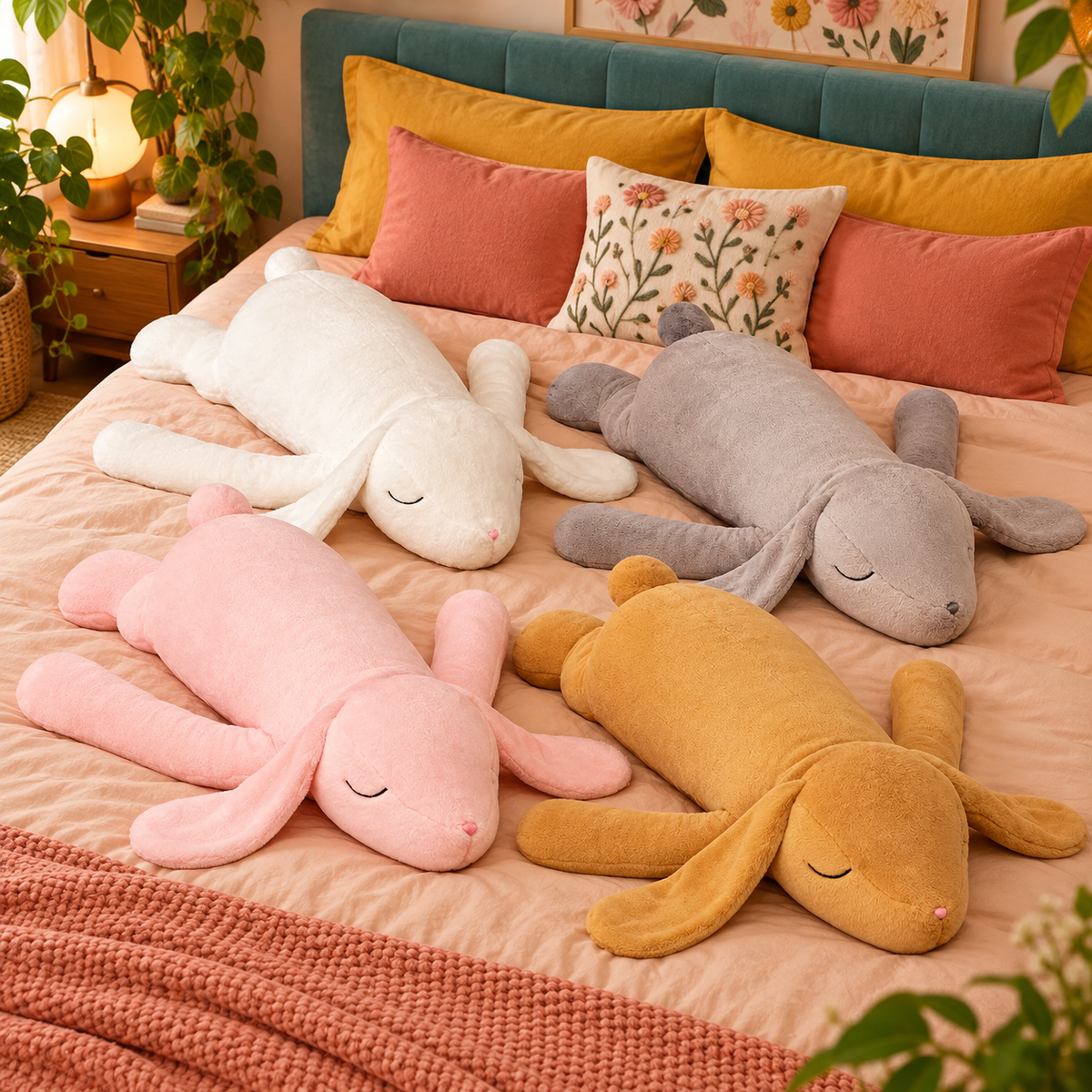 White, gray, pink, and brown Floppy Hugs bunny body pillows arranged together in a colorful bedroom.