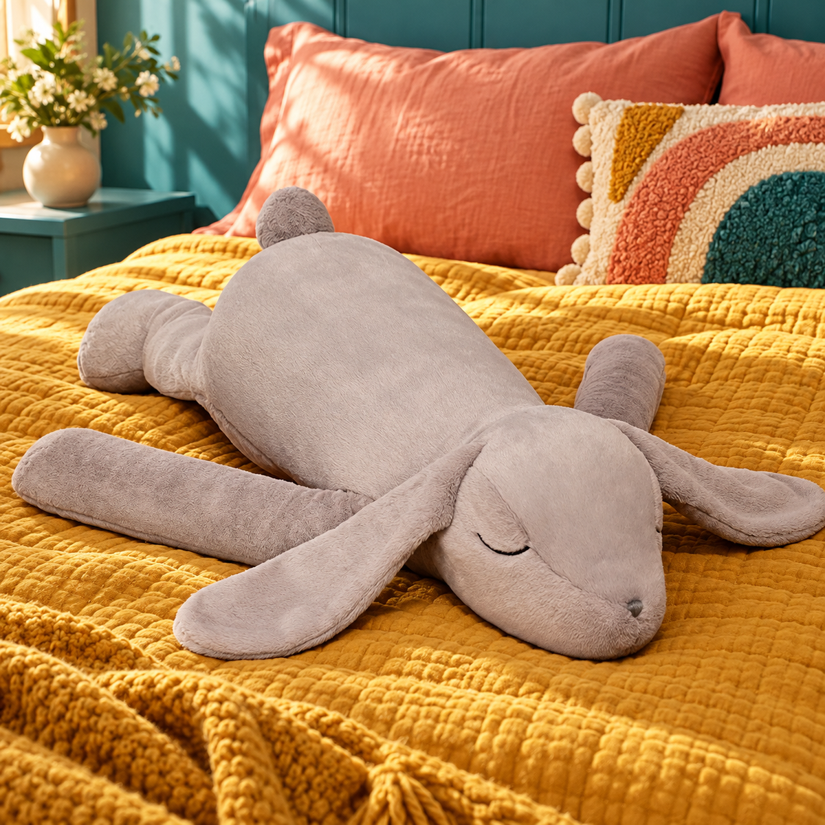 Gray rabbit body pillow showing its long arms, drooping ears, rounded feet, and sleepy embroidered face.