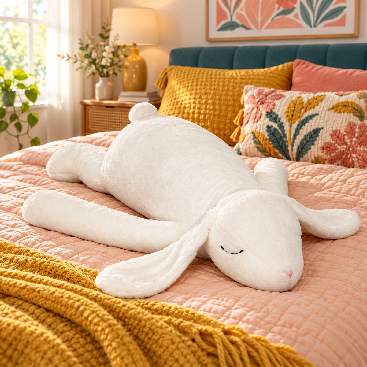 White Floppy Hugs bunny body pillow on colorful bedding, showing its long ears, sleepy face, extended arms, and rounded feet.