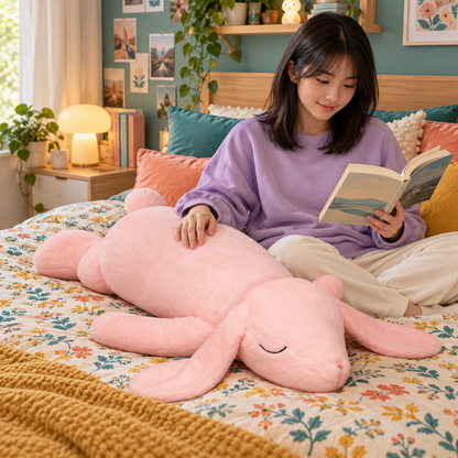 Teen reading on a colorful bed beside a pink Floppy Hugs bunny body pillow, showing its natural lying shape, long ears, arms, and embroidered eyes.