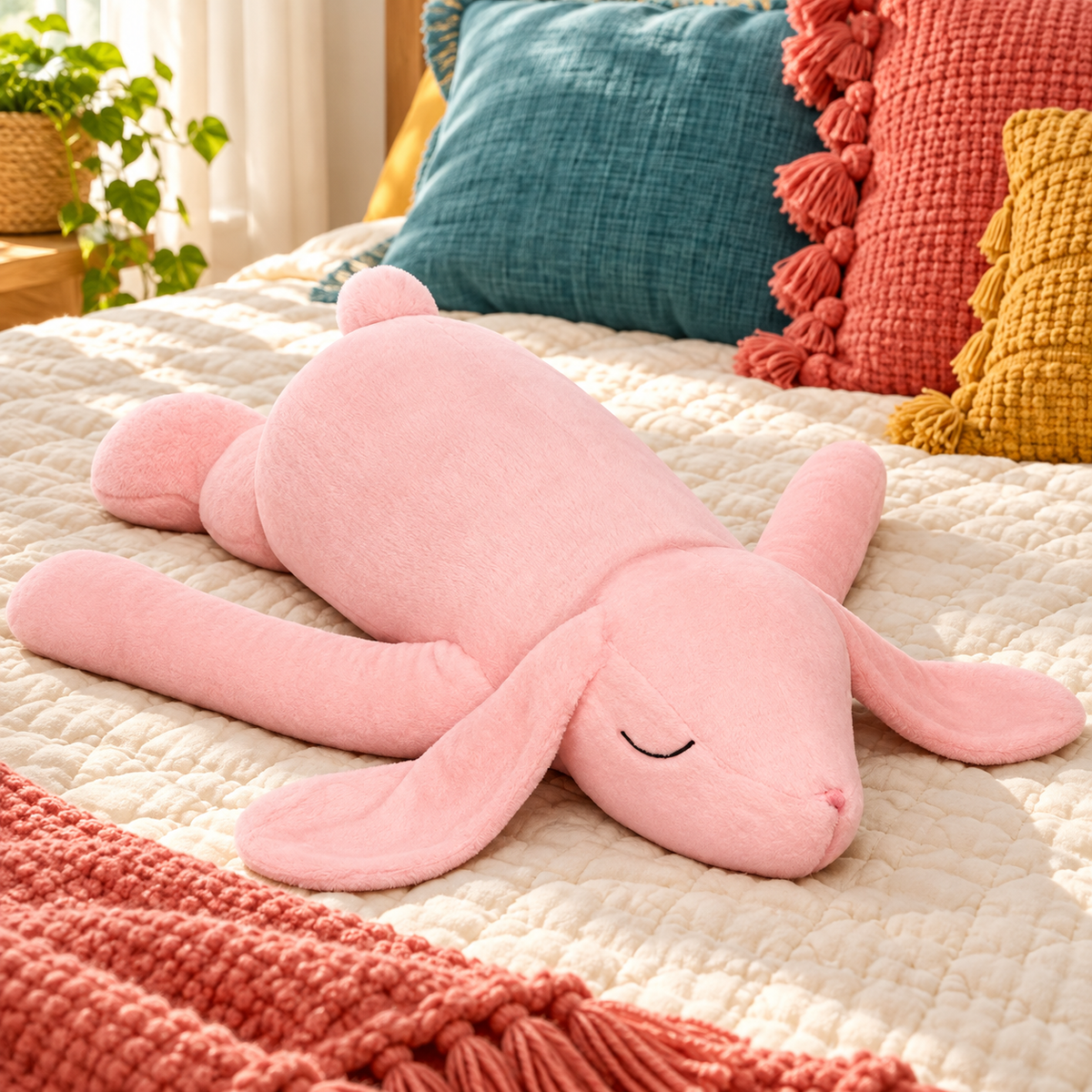 Pink Floppy Hugs rabbit body pillow displayed on colorful bedding with its floppy ears and extended arms visible.
