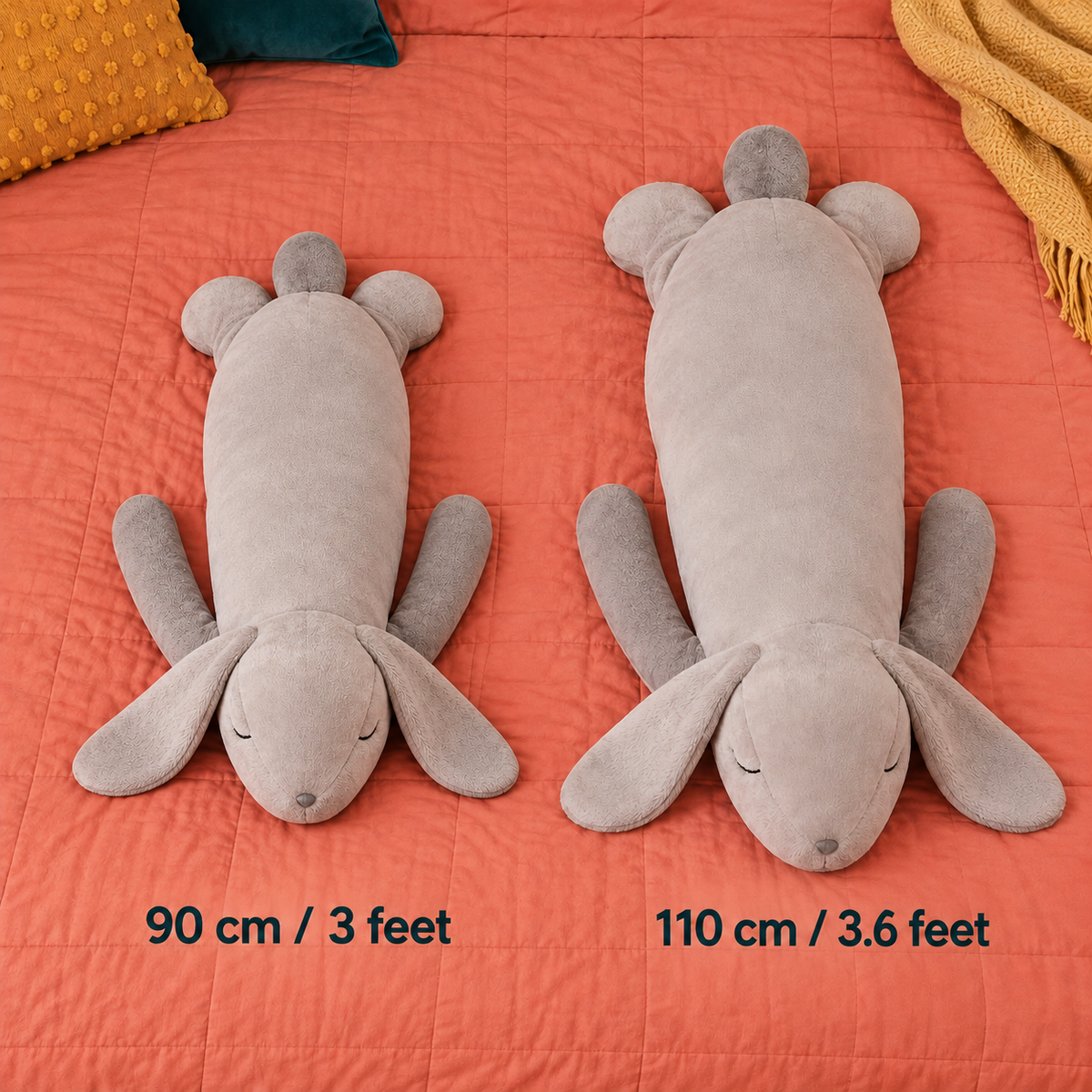 Two matching rabbit body pillows shown in proportion, labeled 90 cm / 3 feet and 110 cm / 3.6 feet.