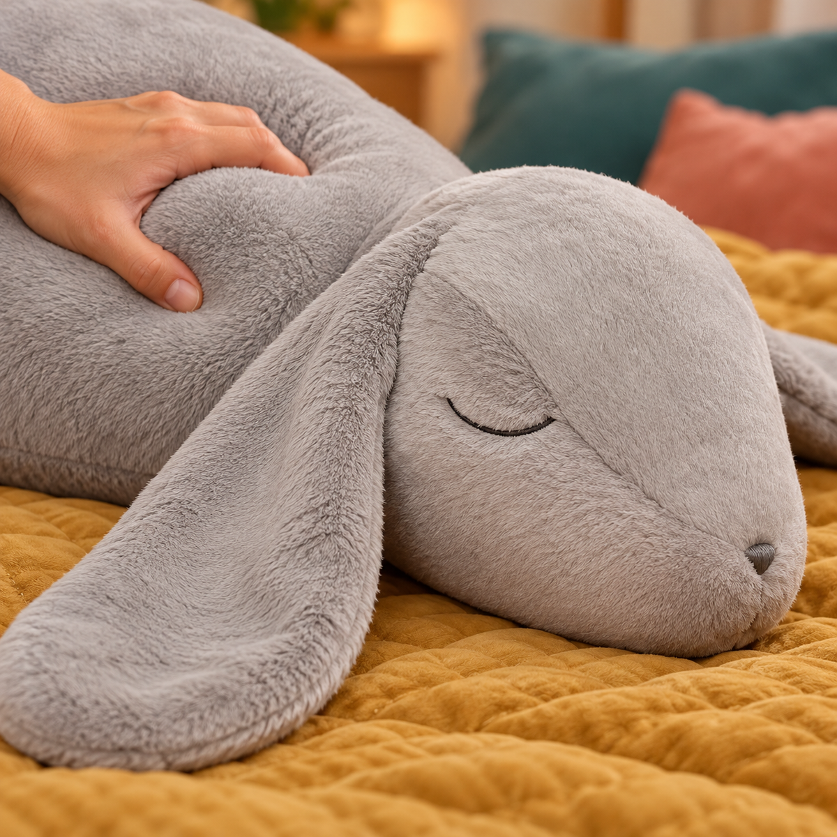 Close view of a hand gently pressing the gray rabbit pillow, showing its plush surface and long floppy ear.