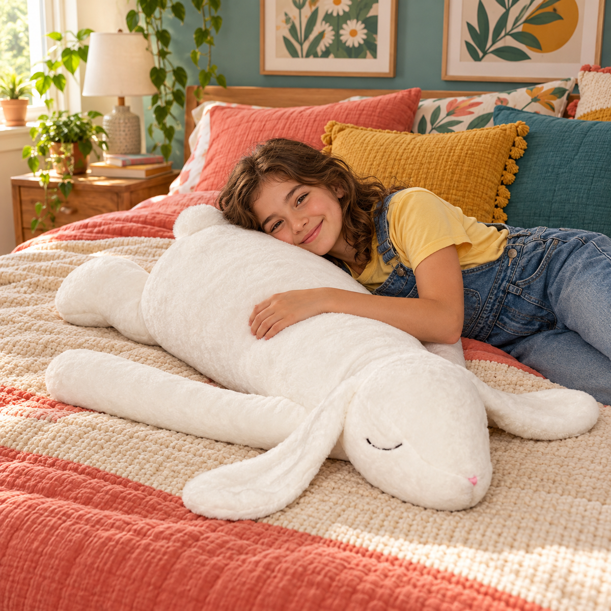 Child cuddling a white Floppy Hugs bunny body pillow lying naturally on colorful bedding, with its floppy ears, long arms, and sleepy face visible.