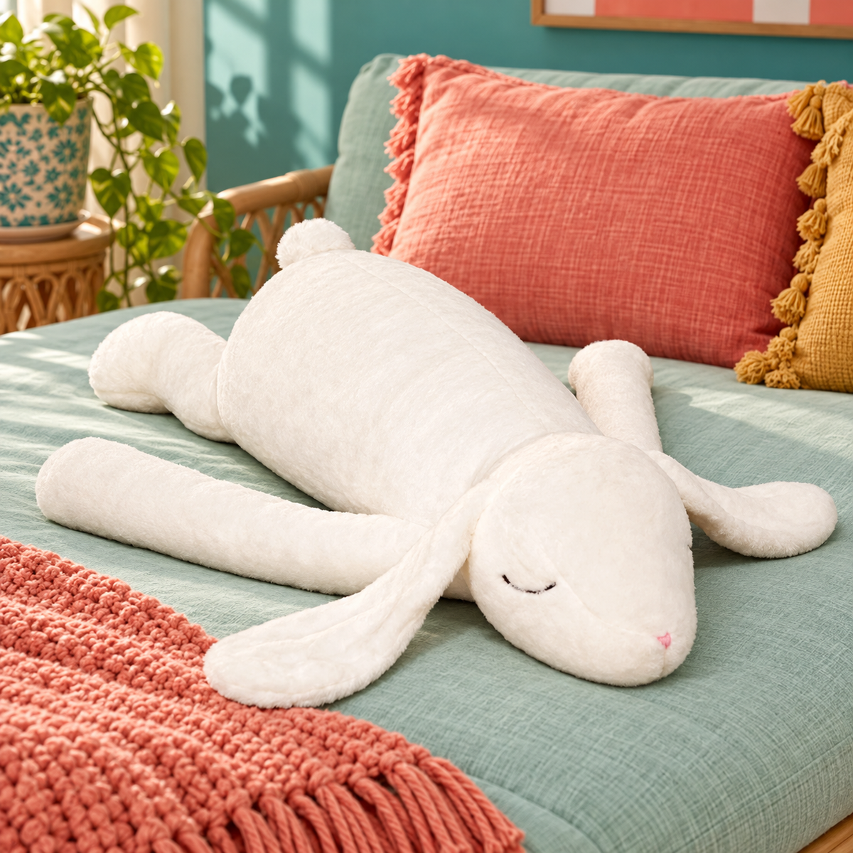 White rabbit plush body pillow displayed alone, with floppy ears and closed embroidered eyes.