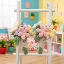 Two plush flower toys on a white ladder in a colorful room.