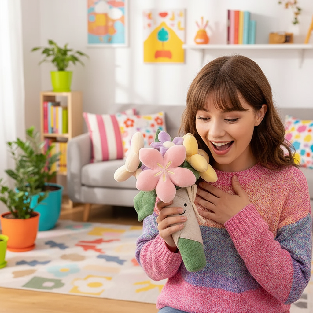 Child holding a plush flower toy in a colorful living room