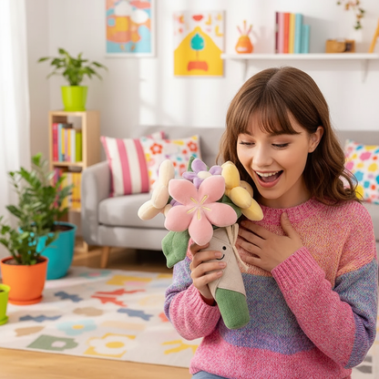 Child holding a plush flower toy in a colorful living room