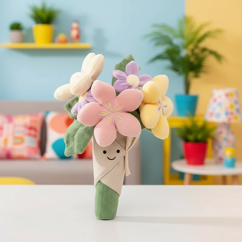 Plush toy flower bouquet with a smiling face on a table in a colorful room.