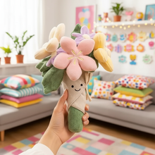 Hand holding a plush toy resembling a bouquet of flowers in a colorful living room.