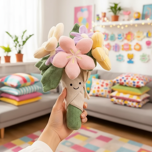 Hand holding a plush toy resembling a bouquet of flowers in a colorful living room.