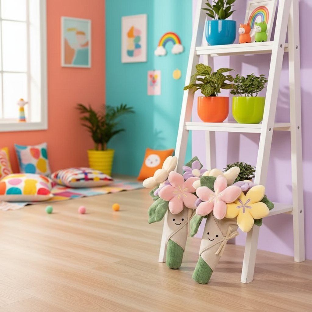 Colorful room with decorative plushie flowers, a ladder, and plants.