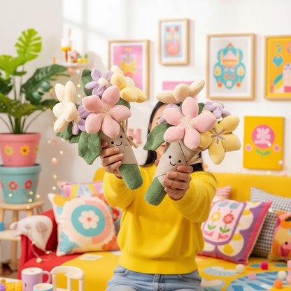 Person holding plush flower toys in a colorful living room