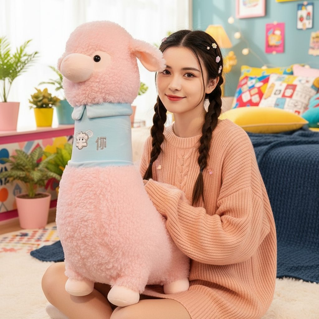 Woman holding a large pink plush toy in a colorful room