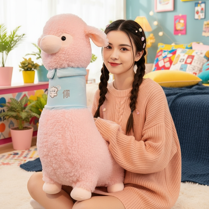 Woman holding a large pink plush toy in a colorful room