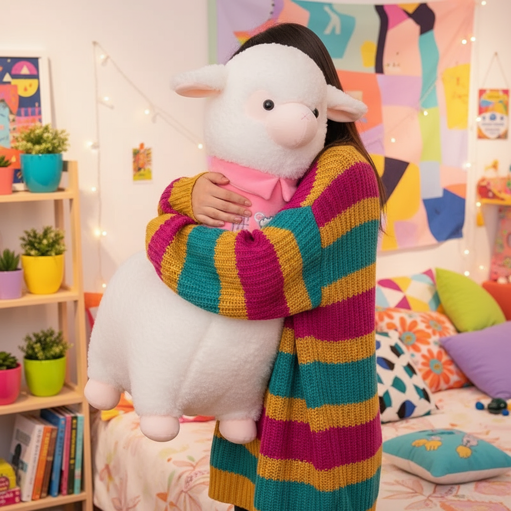 Person wearing a colorful striped sweater holding a large plush alpaca in a room with a vibrant wall and shelves.