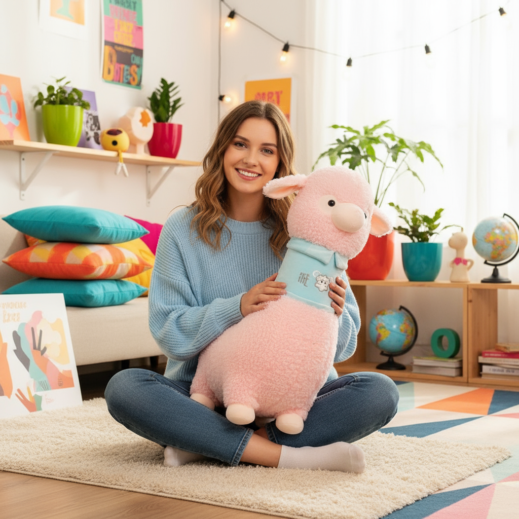 Woman holding a large pink plush toy in a colorful living room.