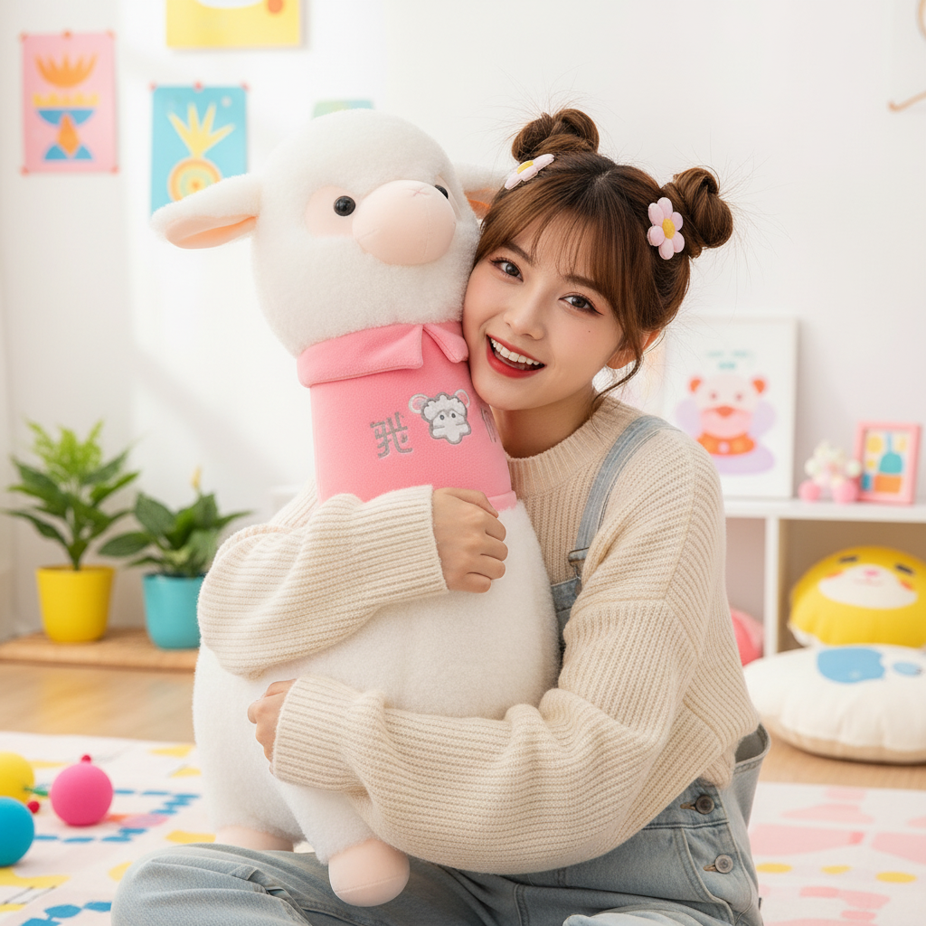 Woman holding a large plush toy in a room with colorful decorations