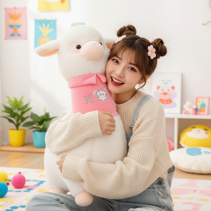 Woman holding a large plush toy in a room with colorful decorations