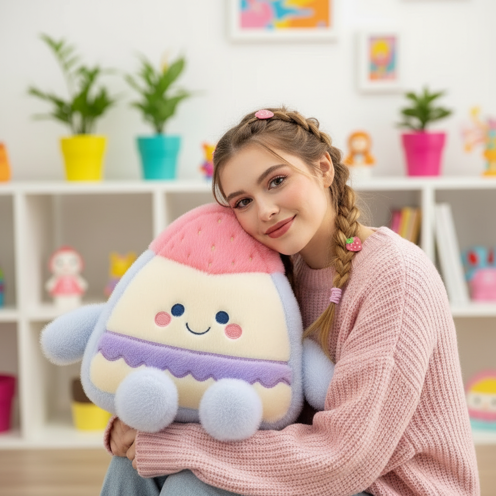 Woman holding a colorful plush toy in a room with shelves and plants