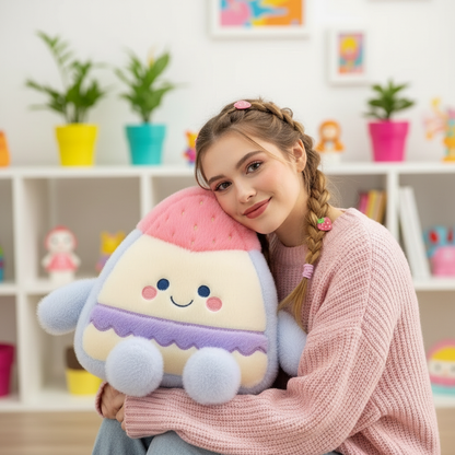 Woman holding a colorful plush toy in a room with shelves and plants