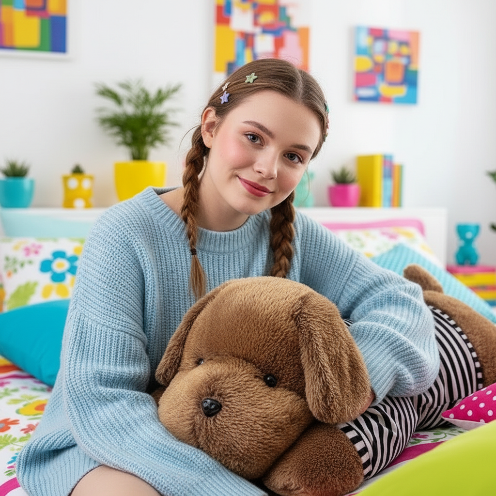 Young girl holding a brown plush dog in a colorful room.