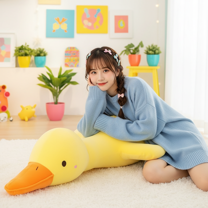 Woman holding a large yellow duck plush toy in a room with colorful decor and plants.